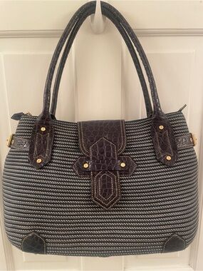 Eric Javits Black and White Woven Satchel with Dark Brown Croc Trim